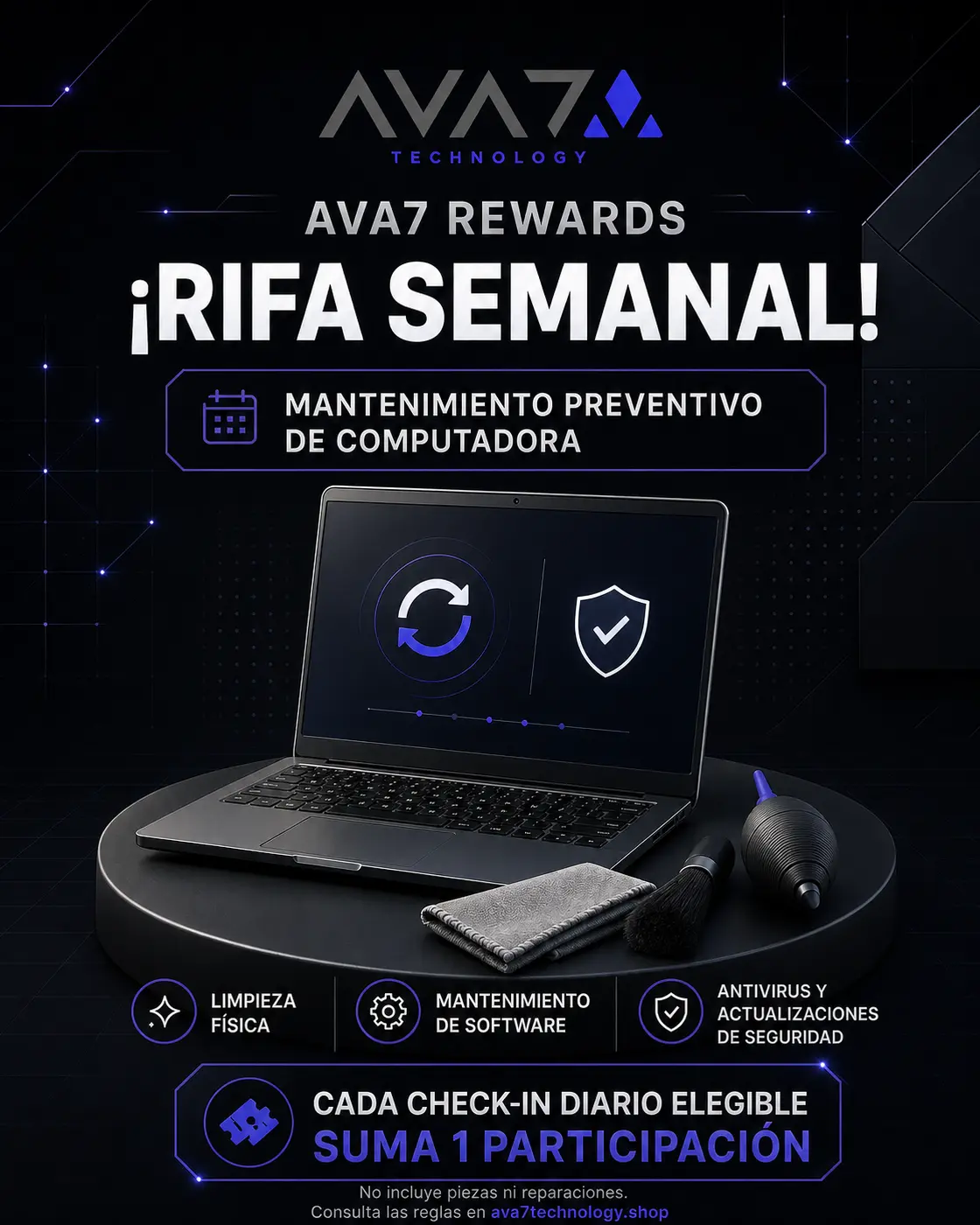 Rifa semanal de mantenimiento preventivo de computadora AVA7, con limpieza física, mantenimiento de software, antivirus y actualizaciones de seguridad