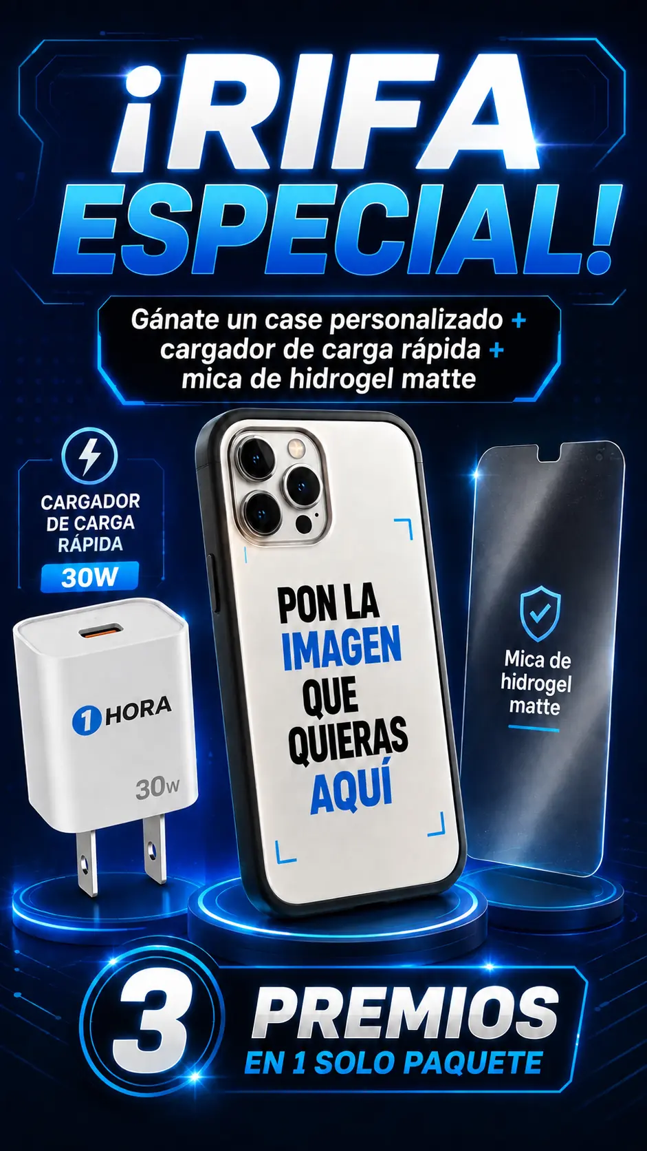 Paquete mensual con case personalizado, cargador rápido de 30 W con conector tipo A para México y mica de hidrogel matte